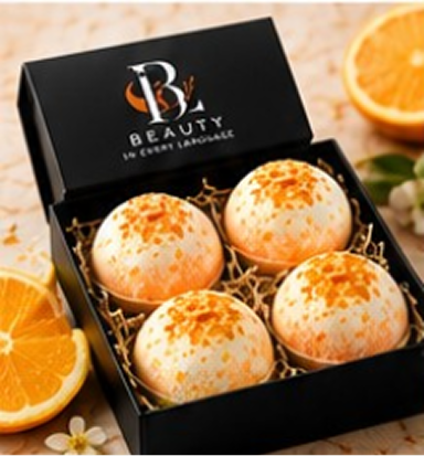 Orange-themed bath bombs in black box