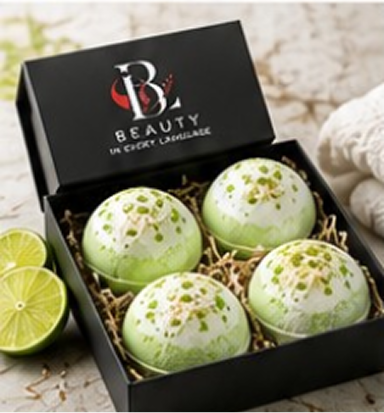 Lime-scented bath bombs in box