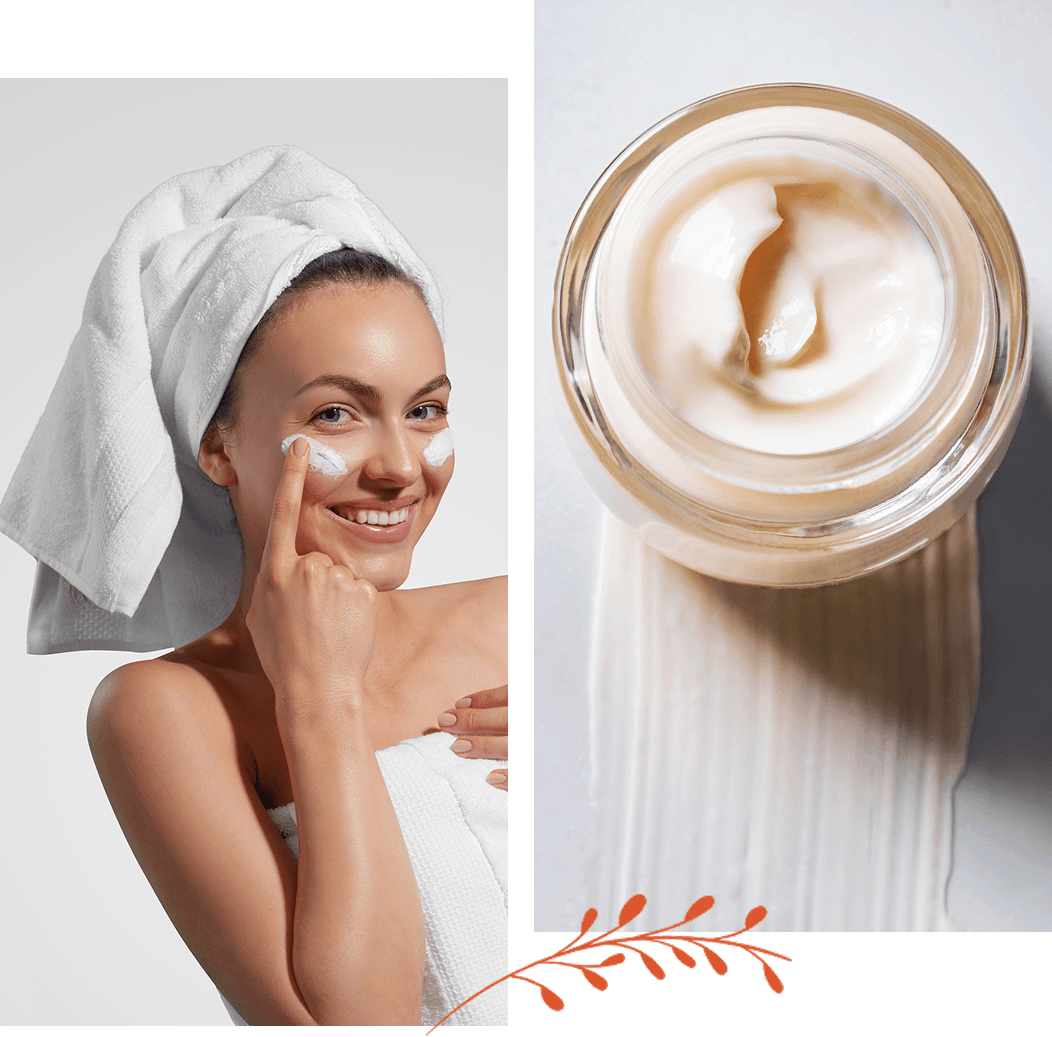 Woman applying cream with towel on head