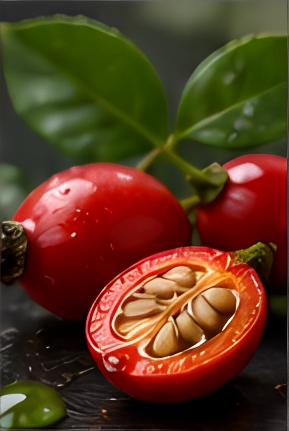 Red coffee cherries with green leaves