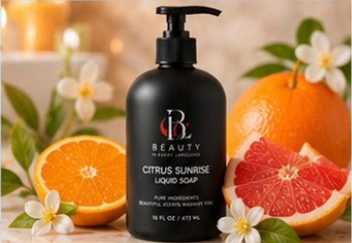 Black soap bottle and sliced citrus fruits