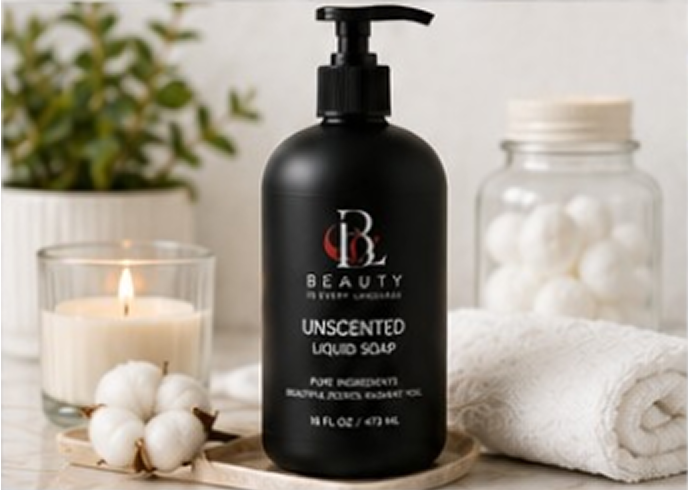 Black liquid soap bottle with candle