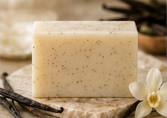 Handmade vanilla soap on marble slab